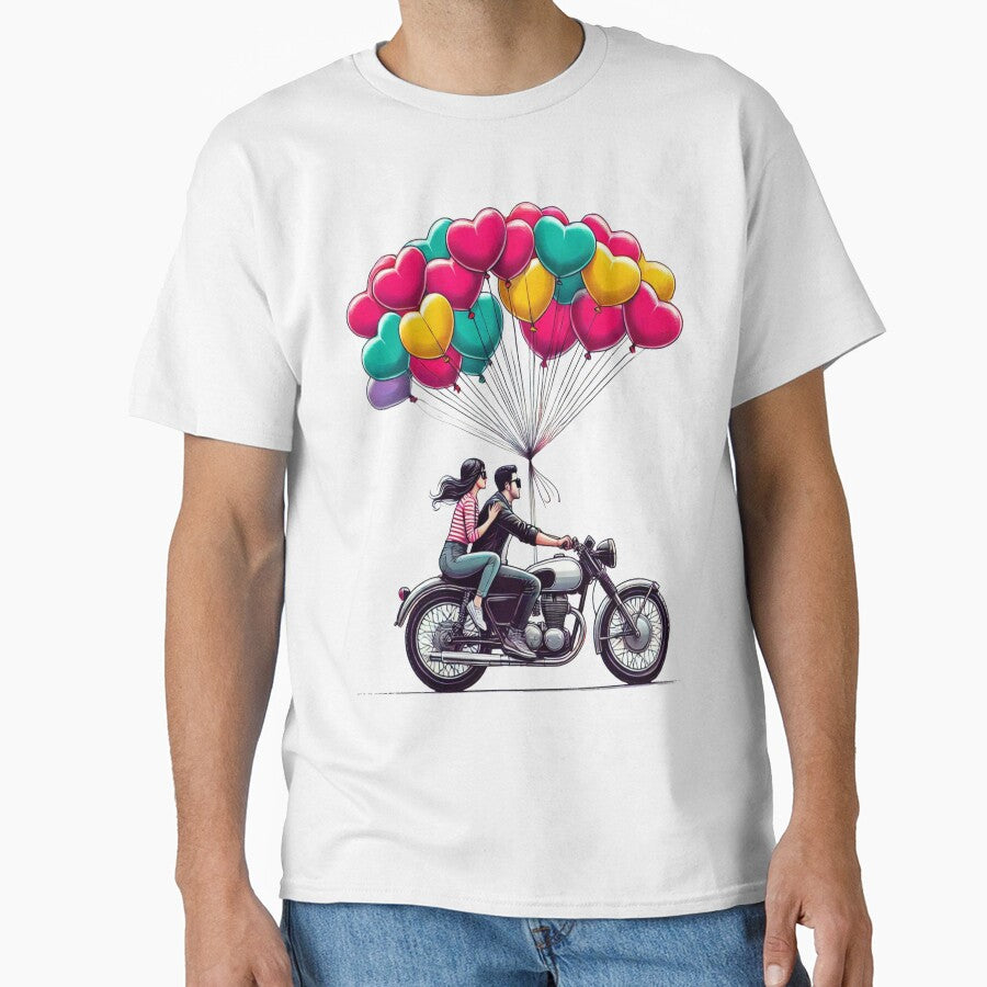 Romantic Couple on Motorcycle with Heart Balloons – Valentine Love Art by Rajasekar T-Shirts, Hoodie, Sweatshirt (Image 1)