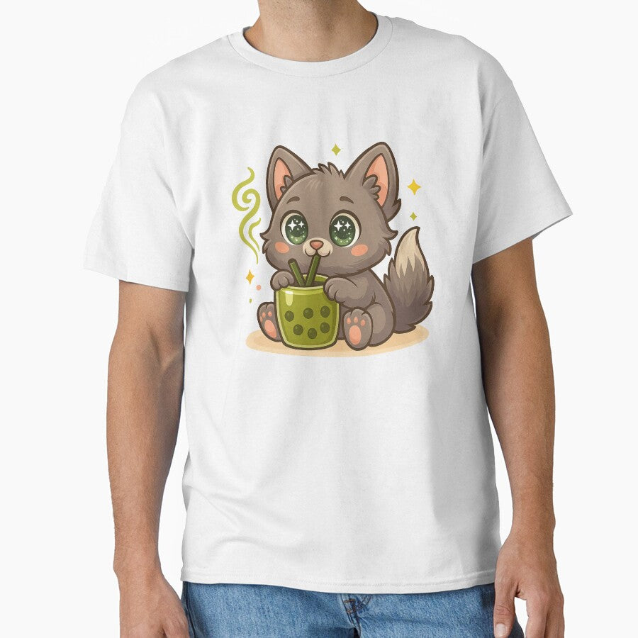 Kawaii Grey Cat Drinking Matcha Boba – Chibi Style Art by midnightloom T-Shirts, Hoodie, Sweatshirt (Image 1)