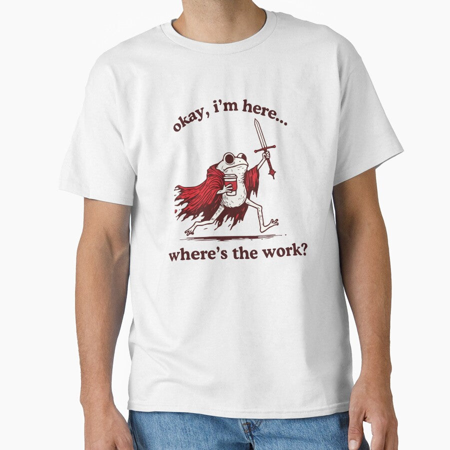 Okay, I'm here... where's the work? funny frog with coffee and sword by BrownHorse90s