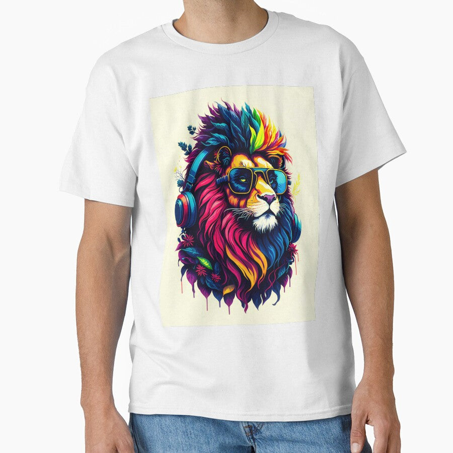 Gamer Rainbow Lion wearing sunglasses and headphones Animal Art by druidwolfart T-Shirts, Hoodie, Sweatshirt (Image 1)