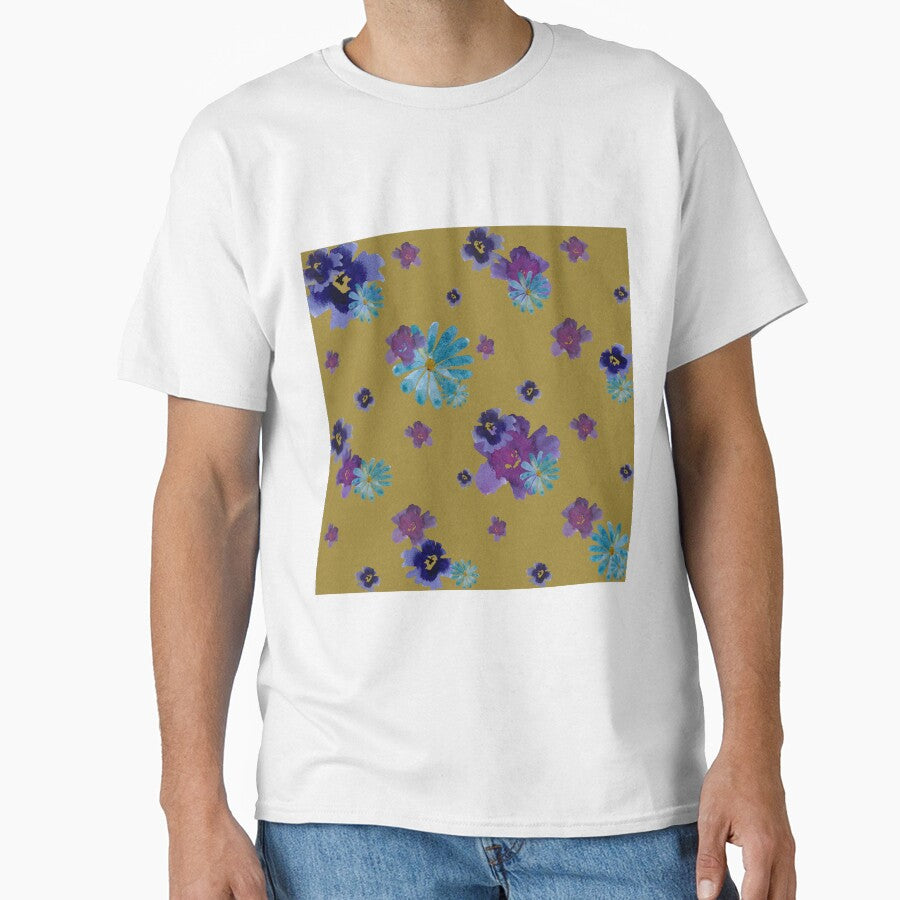 Violet daisy blue flower yellow pattern watercolor by Yana Mustafina | Boho Soulful Designs T-Shirts, Hoodie,... (Image 1)