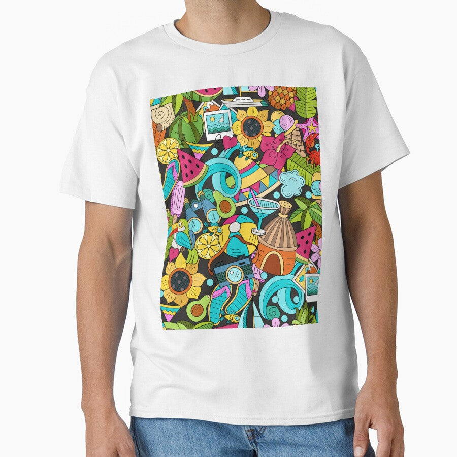 Hand drawn cartoon seamless pattern Doodle summer vacation poster design template. by ketkidesign T-Shirts,... (Image 1)