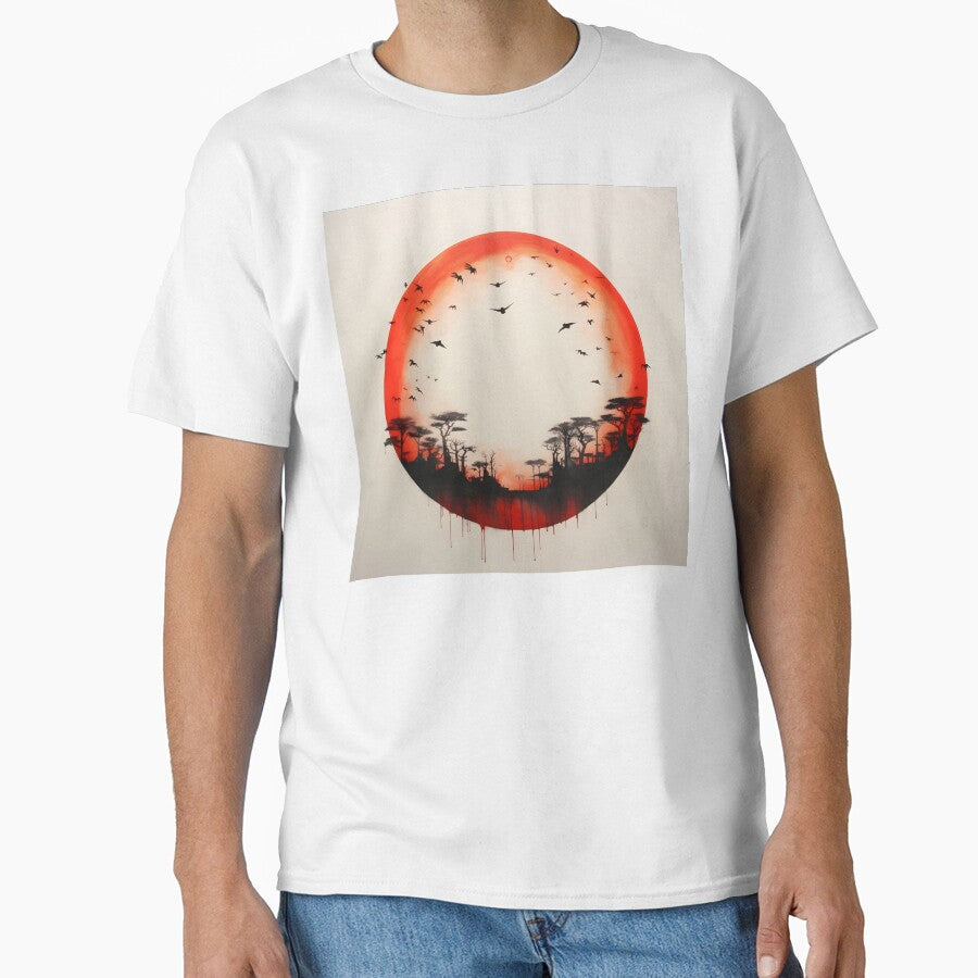 Minimalist red sun art print, birds by dcrc