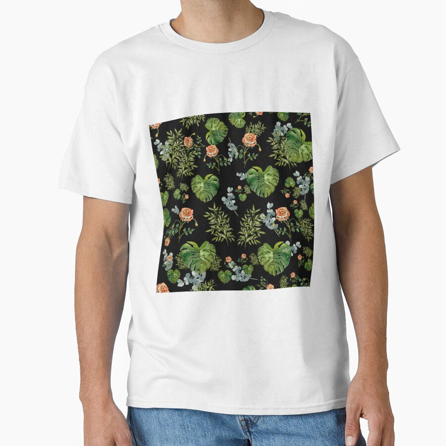 Rose flower palm leaf branch pattern watercolor black by Yana Mustafina | Boho Soulful Designs