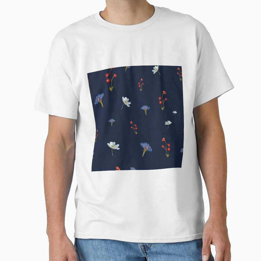 Flower blue red daisy seamless watercolor pattern blue by Yana Mustafina | Boho Soulful Designs T-Shirts,... (Image 1)