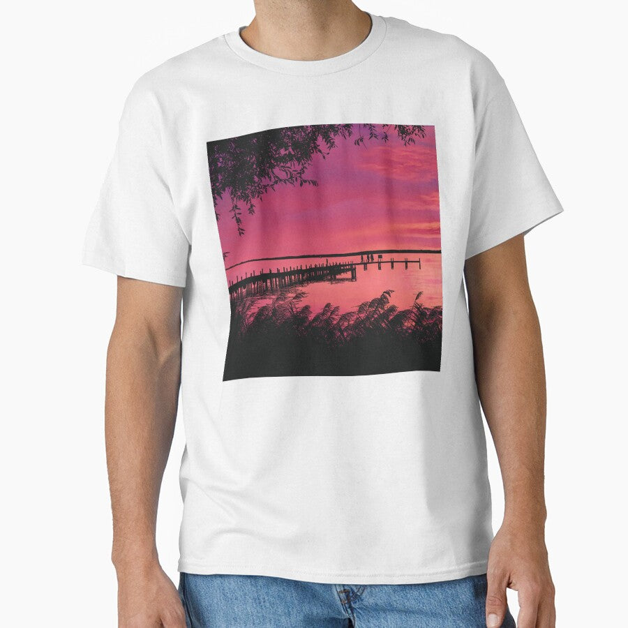 Bridge by the Lake on Sunset - Watercolor Painting 2 by Unaiza Khalid T-Shirts, Hoodie, Sweatshirt (Image 1)