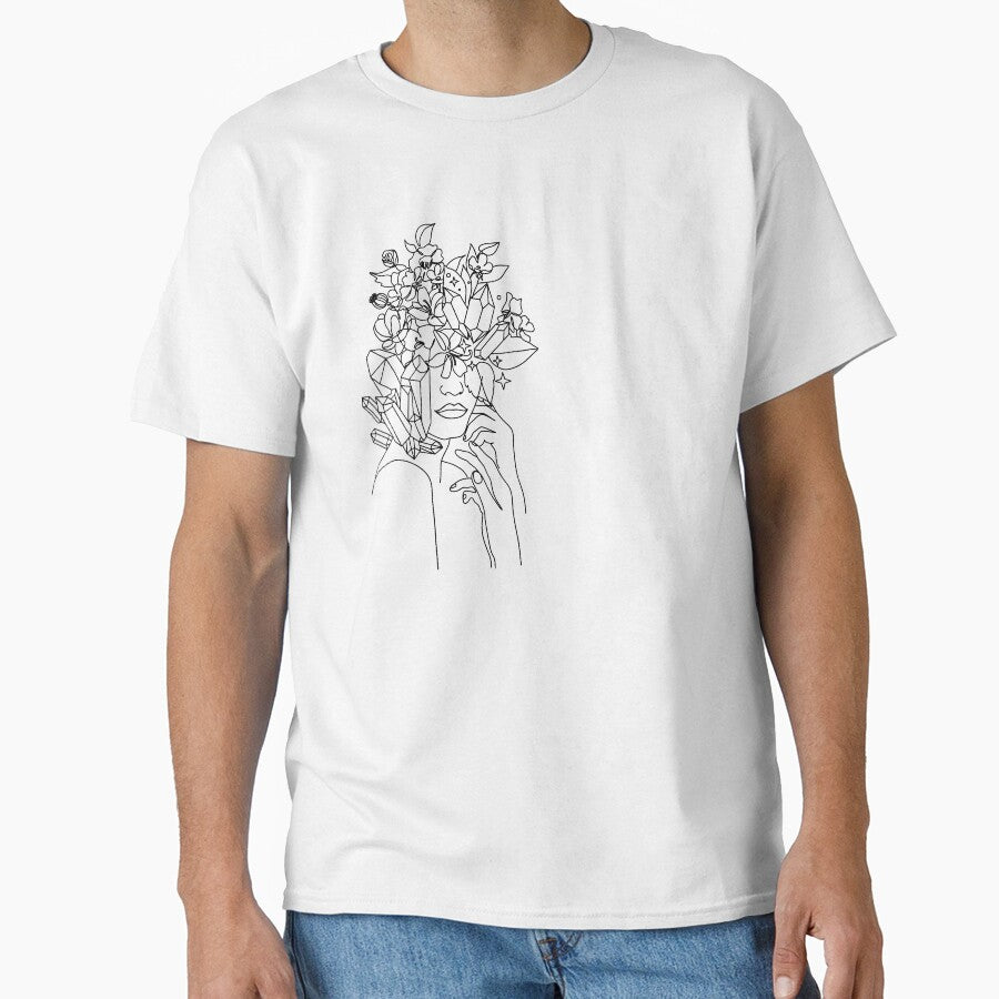 Minimal Line Art Woman with Diamonds Art Print. Flower Head by OneLinePrint T-Shirts, Hoodie, Sweatshirt (Image 1)