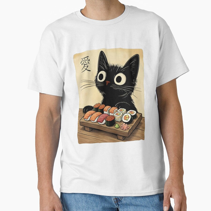 Cute Cat Eating Sushi - “Love” (愛) Japanese-Inspired Cat Illustration by Fluidic-Space T-Shirts, Hoodie, Sweatshirt (Image 1)