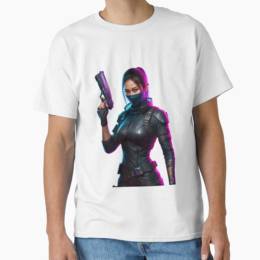 Female Cyberpunk Ninja holding up a handgun by aykiradesigns T-Shirts, Hoodie, Sweatshirt | BlankRebels.com (Image 1)