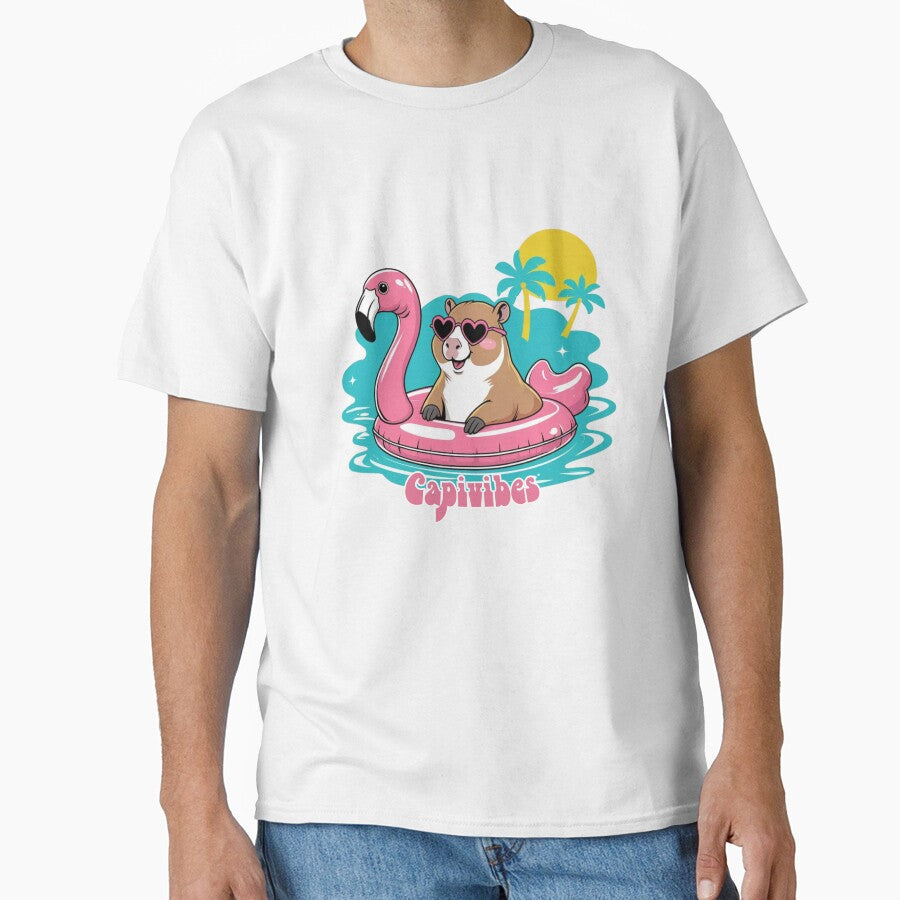 Capybara Summer Vibes – Cute Tropical Flamingo Float Design by Digitalka T-Shirts, Hoodie, Sweatshirt (Image 1)