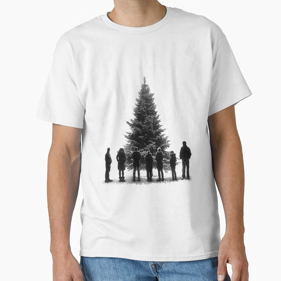 Christmas Tree Lighting Crowd – Minimal Black and White Holiday Illustration by inkoutninja