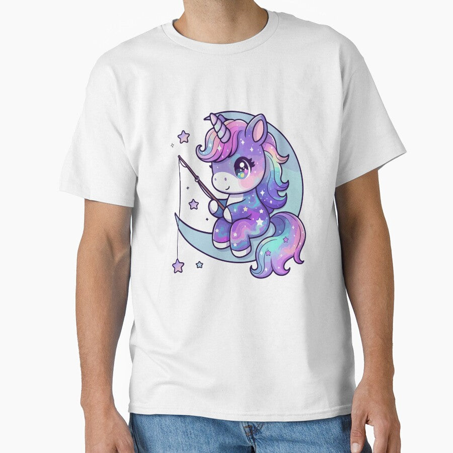 Cute Kawaii Unicorn Fishing on Moon Galaxy Pastel Stars by stylishdzign T-Shirts, Hoodie, Sweatshirt (Image 1)