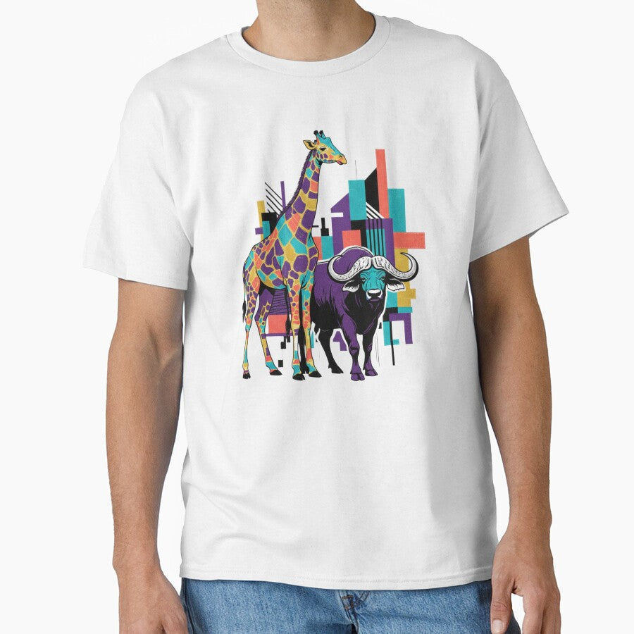 Giraffe & Buffalo Modern Art  Urban Savanna Spirit  Wildlife Wall Art by SavannaStrikes T-Shirts, Hoodie,... (Image 1)