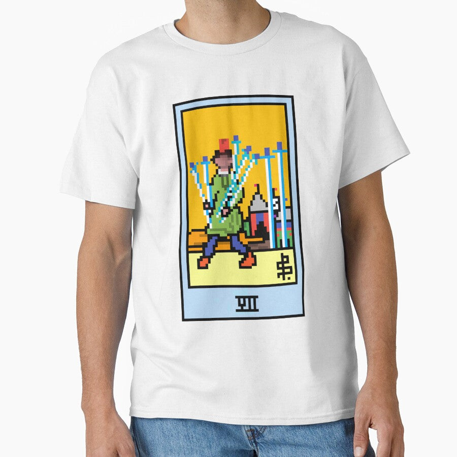 Wait, is this pixel art tarot? Yellow - Minor Arcana 'Seven of Swords' (Design for T-shirt, stickers and other... (Image 1)