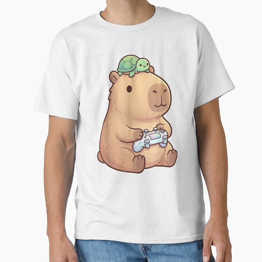 Cute Kawaii Capybara Gamer With Baby Turtle Controller Video Game Art by Phil Ben T-Shirts, Hoodie, Sweatshirt (Image 1)