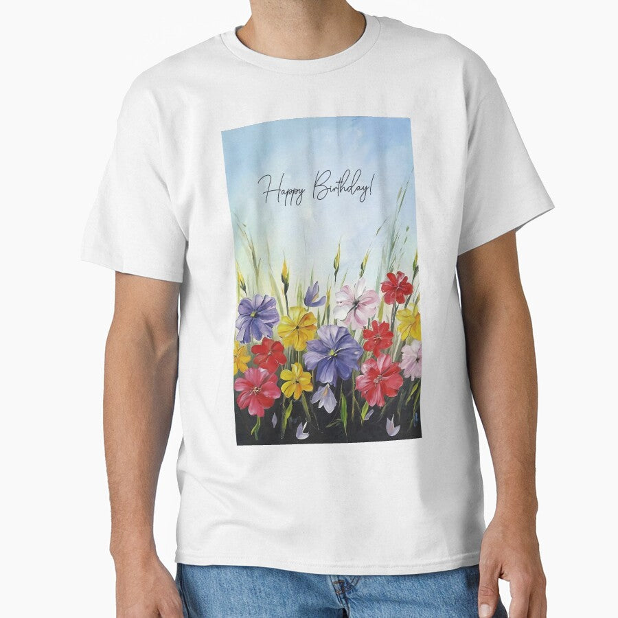 Happy Birthday message on a floral colorful painting by EmeraldeaArt T-Shirts, Hoodie, Sweatshirt | BlankRebels.com (Image 1)