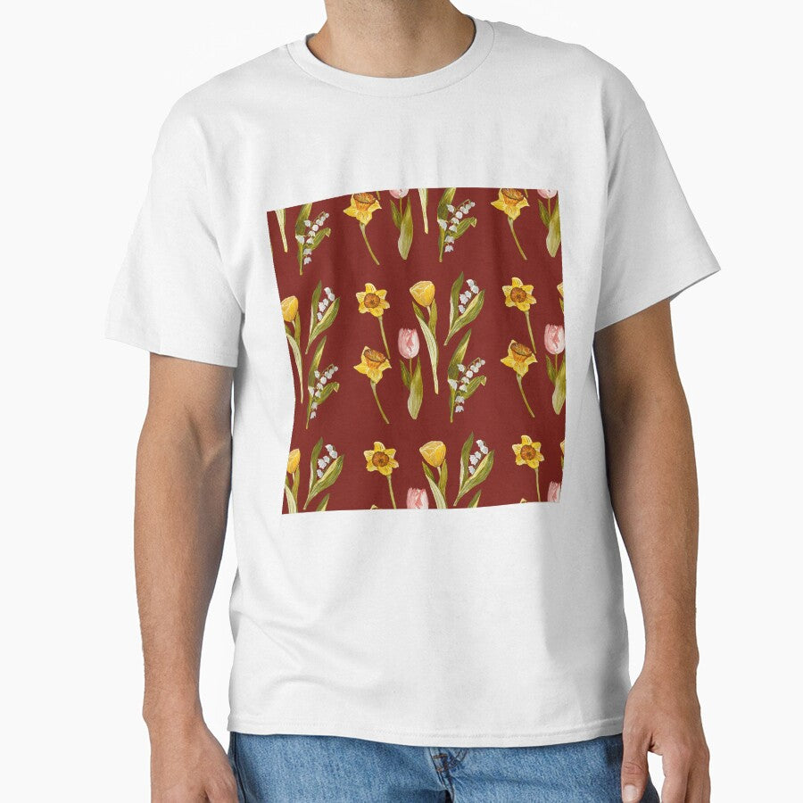 Daffodil tulip snowdrop Easter a seamless pattern red by Yana Mustafina | Boho Soulful Designs T-Shirts,... (Image 1)