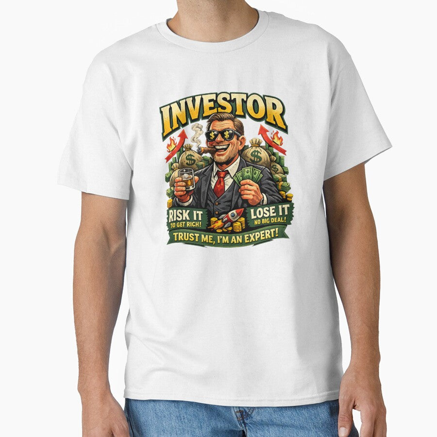 Funny Investor Satire T-Shirt – Risk It To Get Rich Stock Market Meme Design by HAFIZ-DP Hoodie, Sweatshirt (Image 1)