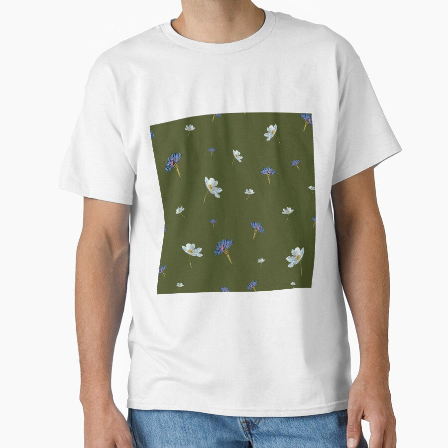 Flower blue daisy pattern seamless a watercolor green by Yana Mustafina | Boho Soulful Designs T-Shirts,... (Image 1)