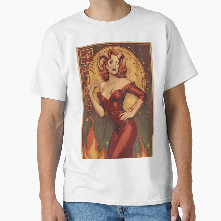 Vintage 1940s Aries Pin Up – Red Haired Beauty Ram Accents Fiery Retro Cosmic Illustration T-Shirts, Hoodie, Sweatshirt