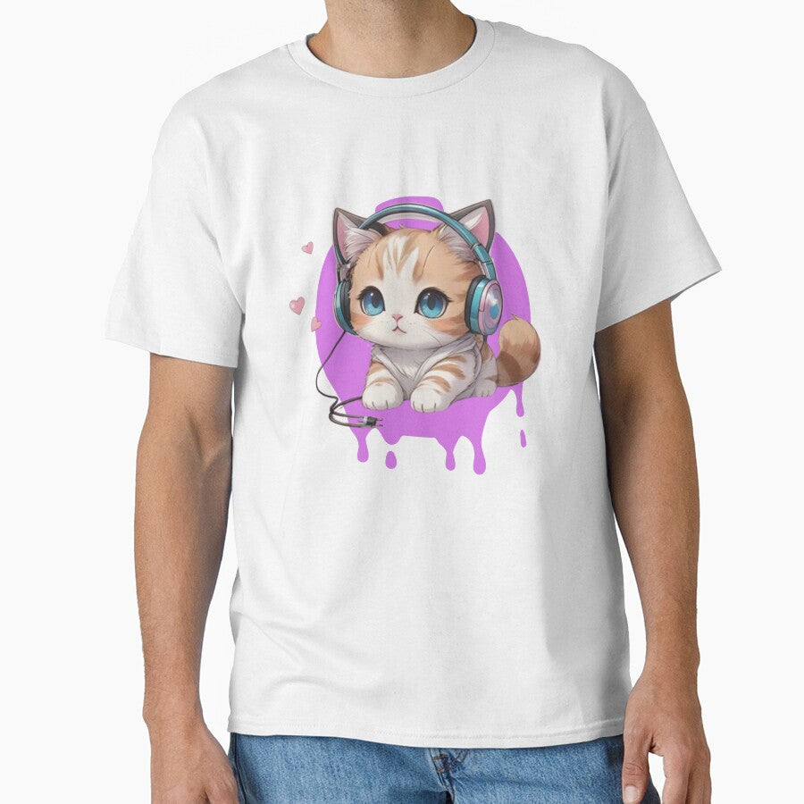 Cute little kitten with headphones in an anime kawaii look by Ecmoprints T-Shirts, Hoodie, Sweatshirt (Image 1)
