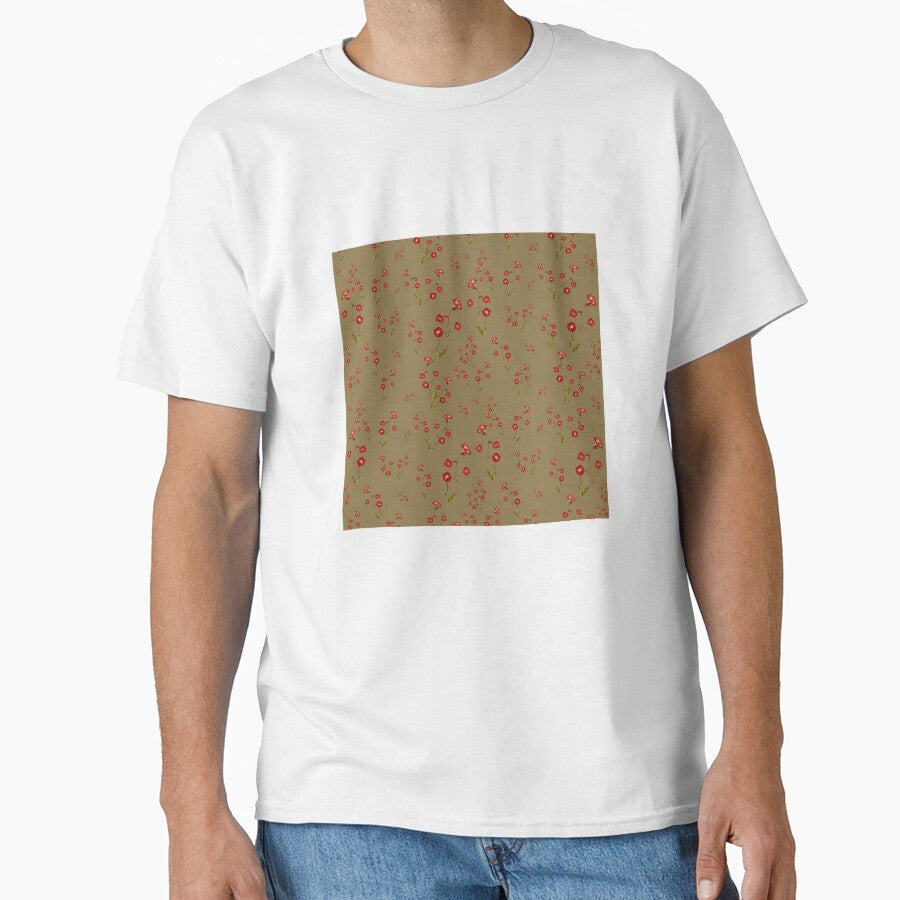 Flower red pattern a cute watercolor illustration khaki by Yana Mustafina | Boho Soulful Designs T-Shirts,... (Image 1)