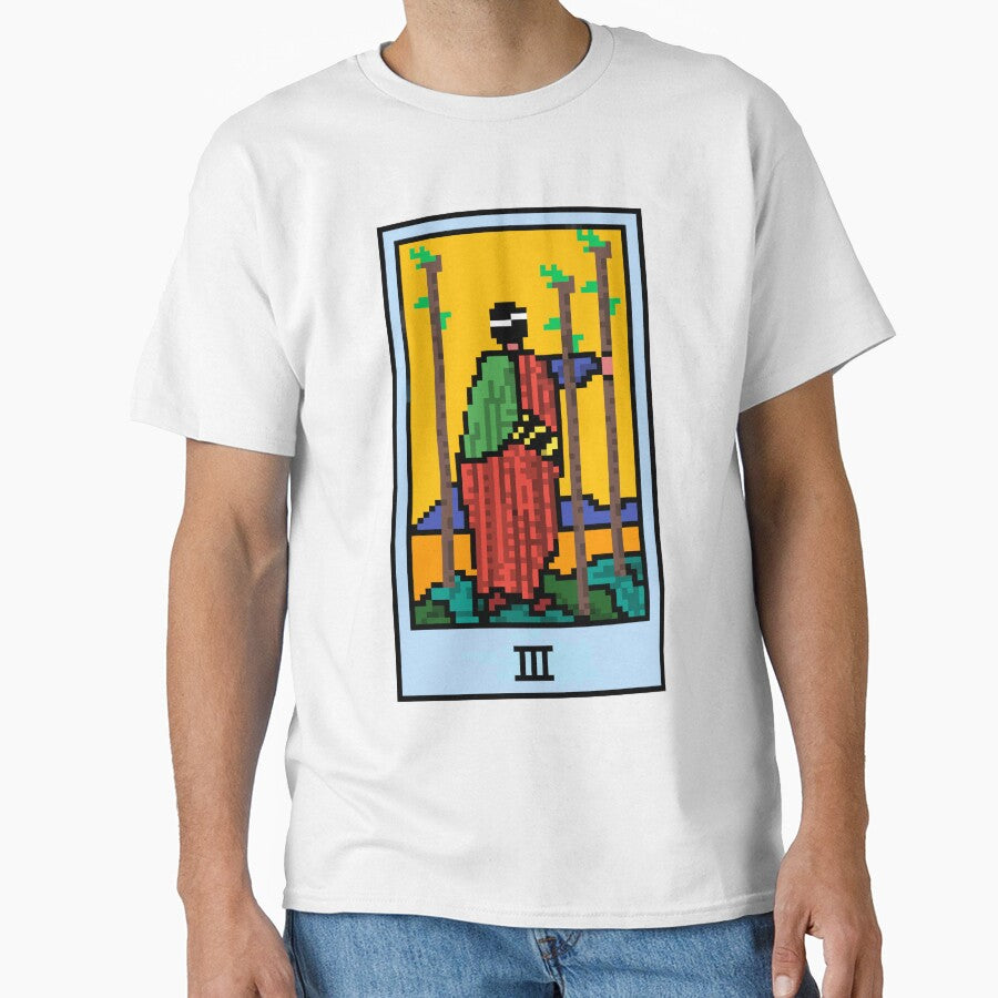 Wait, is this pixel art tarot? Yellow - Minor Arcana 'Three of Wands' (Design for T-shirt, stickers and other... (Image 1)