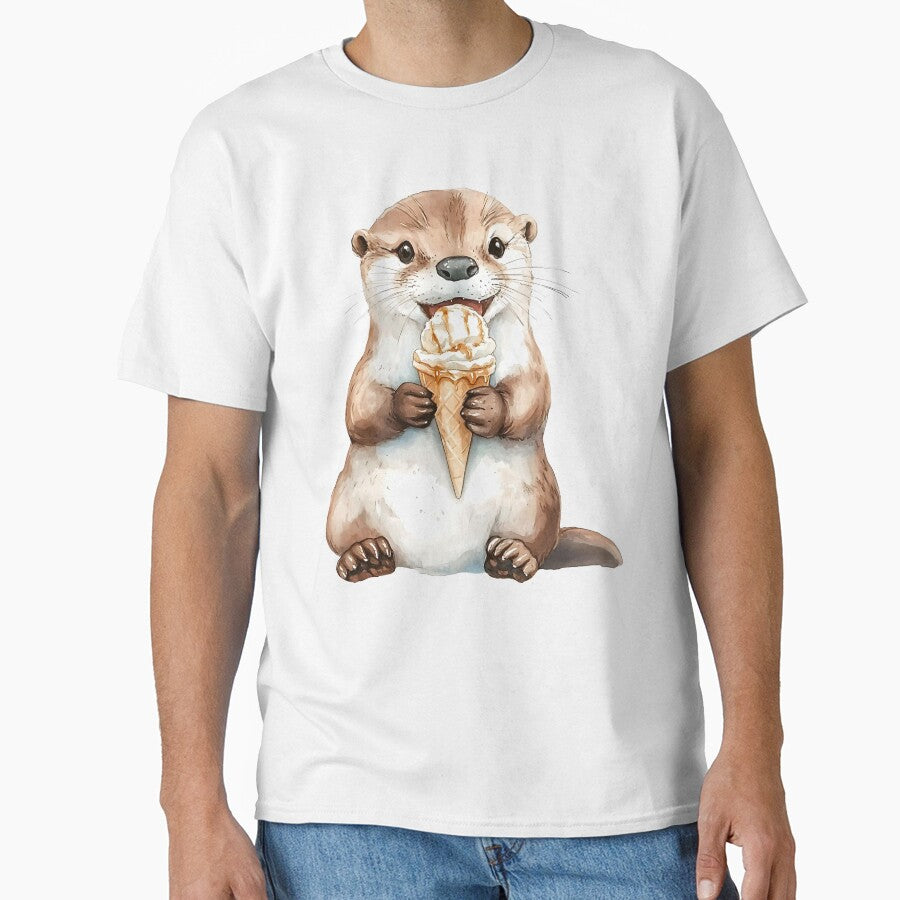 Watercolor otter holding ice cream cone. Cute otter eating ice cream in watercolor style by Anastasiia Yurevych... (Image 1)