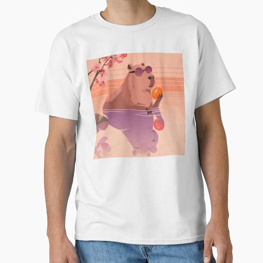Capybara Relaxing in Water – Calm Aesthetic Sunset Design by MadeByACJ T-Shirts, Hoodie, Sweatshirt (Image 1)
