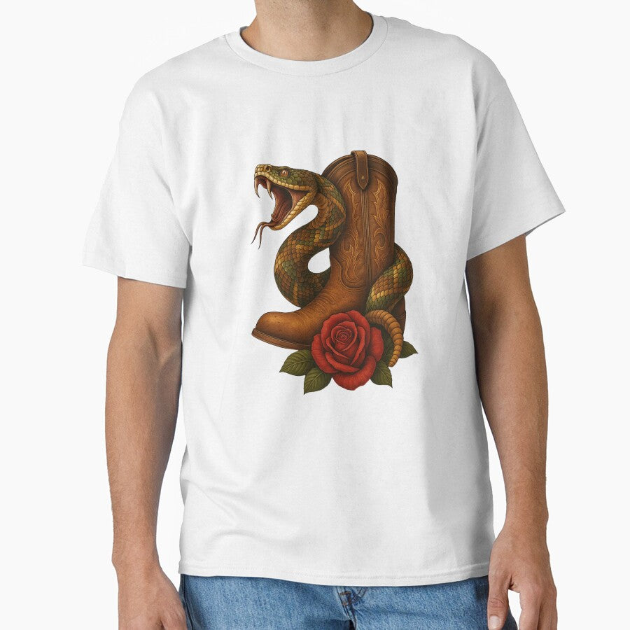 Rattlesnake and Cowboy Boot Tattoo Style Art by Exile-Co T-Shirts, Hoodie, Sweatshirt | BlankRebels.com (Image 1)
