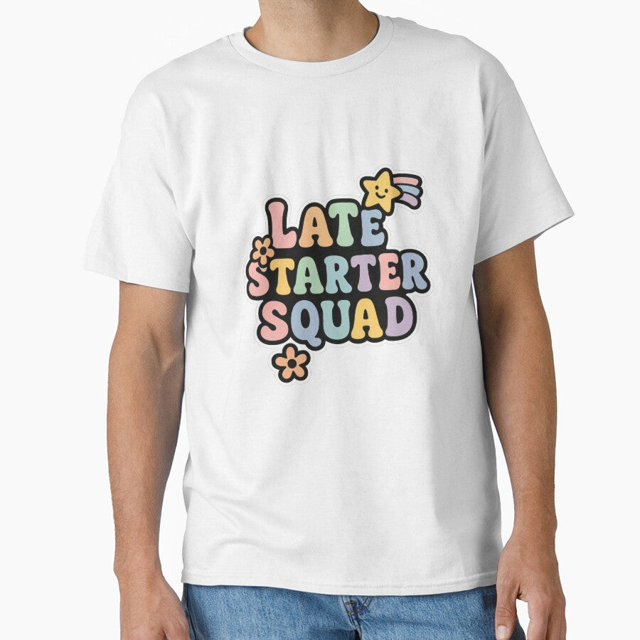 Late Starter Squad Rainbow Lettering Sticker by Trendy Sticker & Merch Collection - Express Yourself T-Shirts,... (Image 1)
