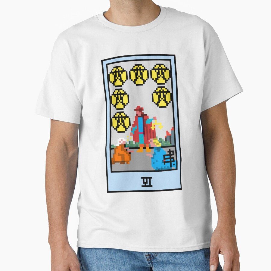 Wait, is this pixel art tarot? White - Minor Arcana 'Six of Pentacles' (Design for T-shirt, stickers and other... (Image 1)
