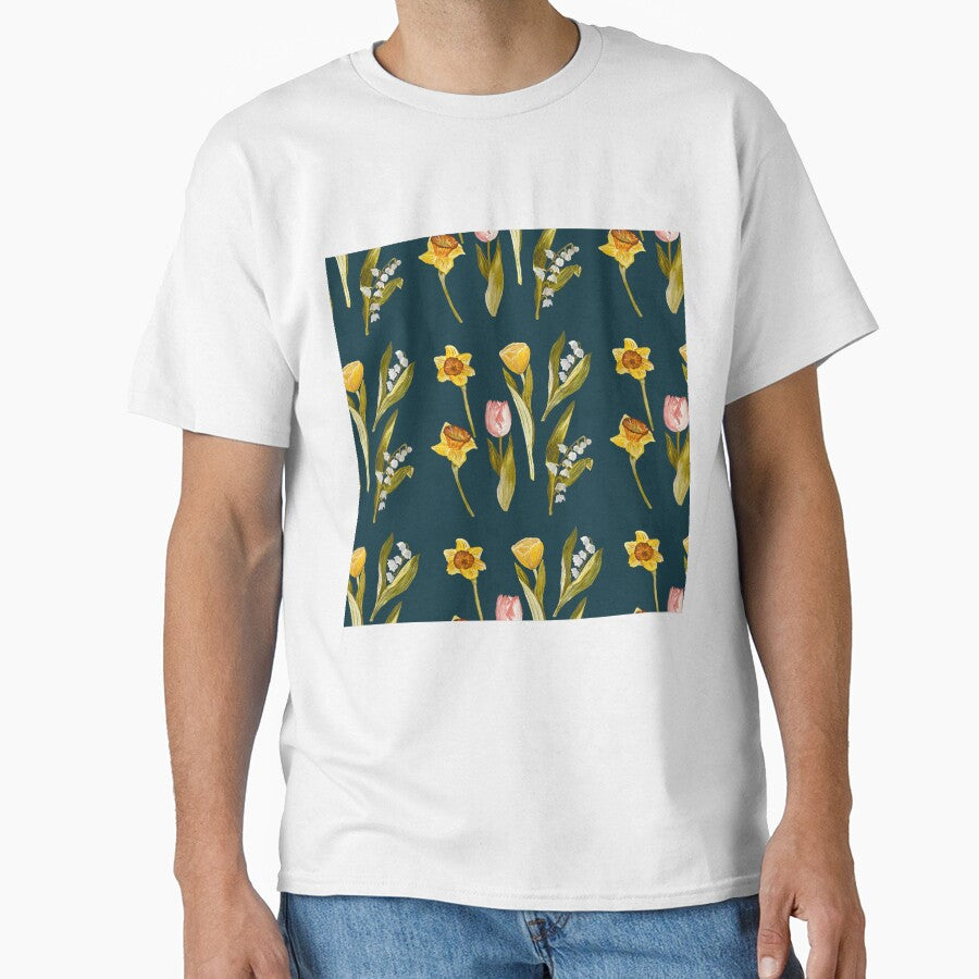 Daffodil tulip snowdrop Easter a seamless pattern blue by Yana Mustafina | Boho Soulful Designs T-Shirts,... (Image 1)