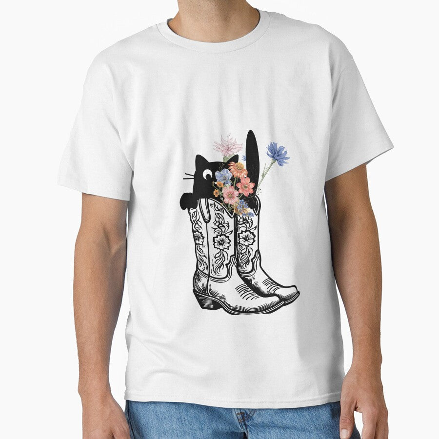 Cow girl boots with wild flowers peeping black cat by ClickATee Store T-Shirts, Hoodie, Sweatshirt (Image 1)