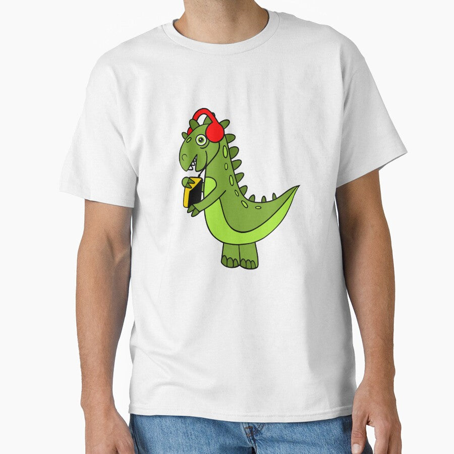 Funny Green Dinosaur With Retro Vintage Walkman by Sartoris Art T-Shirts, Hoodie, Sweatshirt | BlankRebels.com (Image 1)