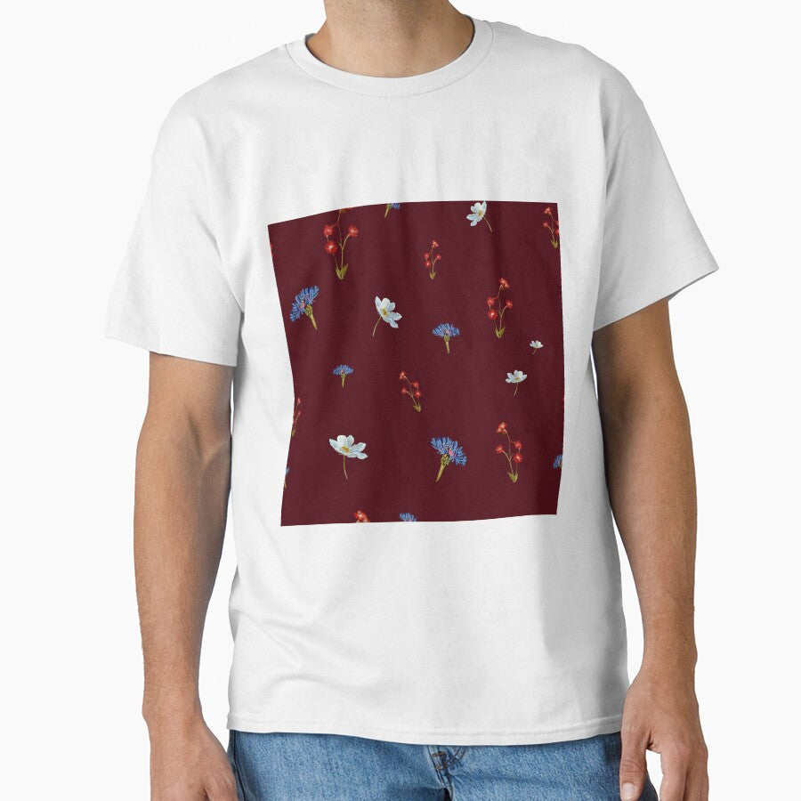 Flower blue red daisy seamless watercolor pattern red by Yana Mustafina | Boho Soulful Designs T-Shirts,... (Image 1)