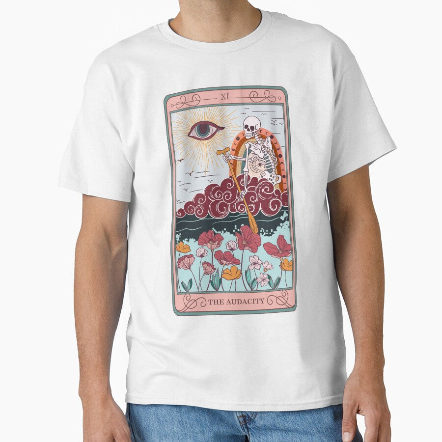 Skeleton Riding Cloud The Audacity Tarot Card by RadiantFoxTees T-Shirts, Hoodie, Sweatshirt | BlankRebels.com (Image 1)
