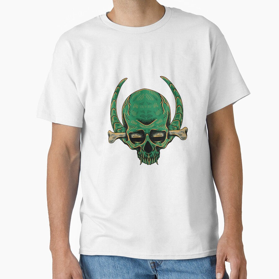 Green Horned Skull with Crossbones Dark Fantasy Art by Horrify T-Shirts, Hoodie, Sweatshirt | BlankRebels.com (Image 1)
