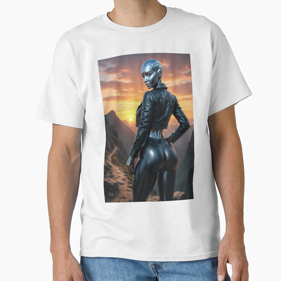Silver Robot Woman at Sunset Mountain Pass by CathryneDelamort T-Shirts, Hoodie, Sweatshirt | BlankRebels.com (Image 1)