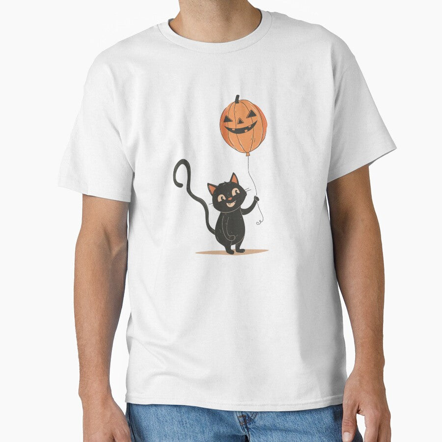 Cute Halloween Black Cat – Cartoon Kitten Holding Pumpkin Balloon Illustration by EchoofElijah T-Shirts,... (Image 1)