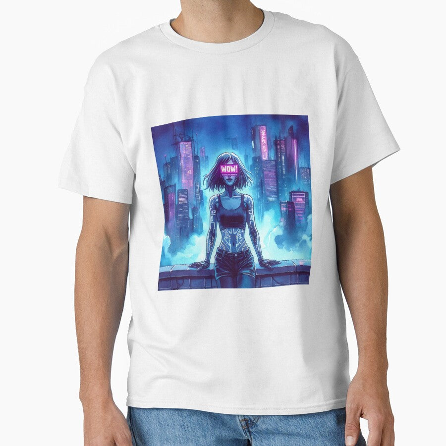 Cyberpunk Neon Girl on Skyscraper Roof "WOW!" by RESToRAPTOR T-Shirts, Hoodie, Sweatshirt | BlankRebels.com (Image 1)