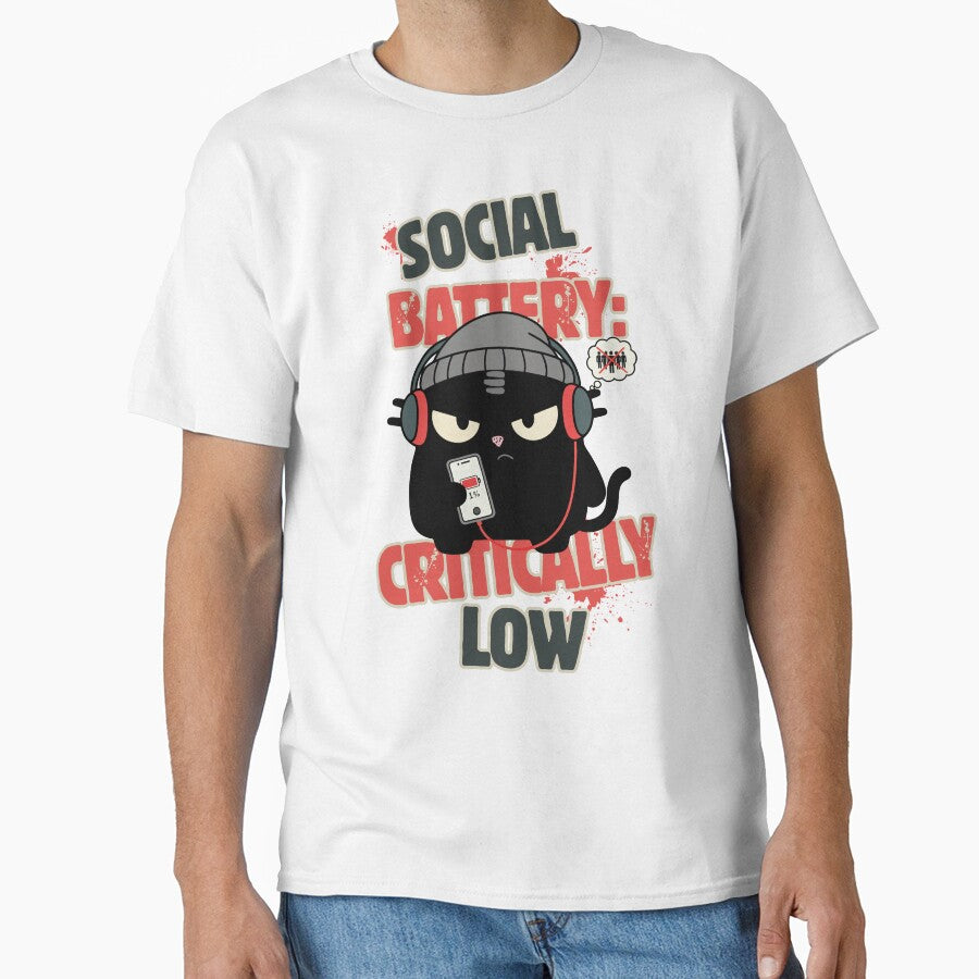 Social Battery Critically Low | Introvert Gamer Cat | Black Scowl by IAPICTURE T-Shirts, Hoodie, Sweatshirt (Image 1)