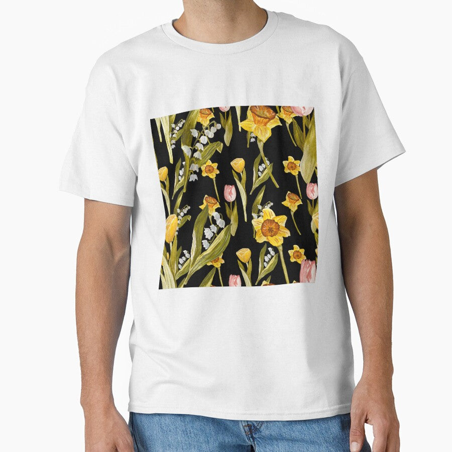 Daffodil tulip snowdrop Easter an ornate pattern black by Yana Mustafina | Boho Soulful Designs T-Shirts,... (Image 1)