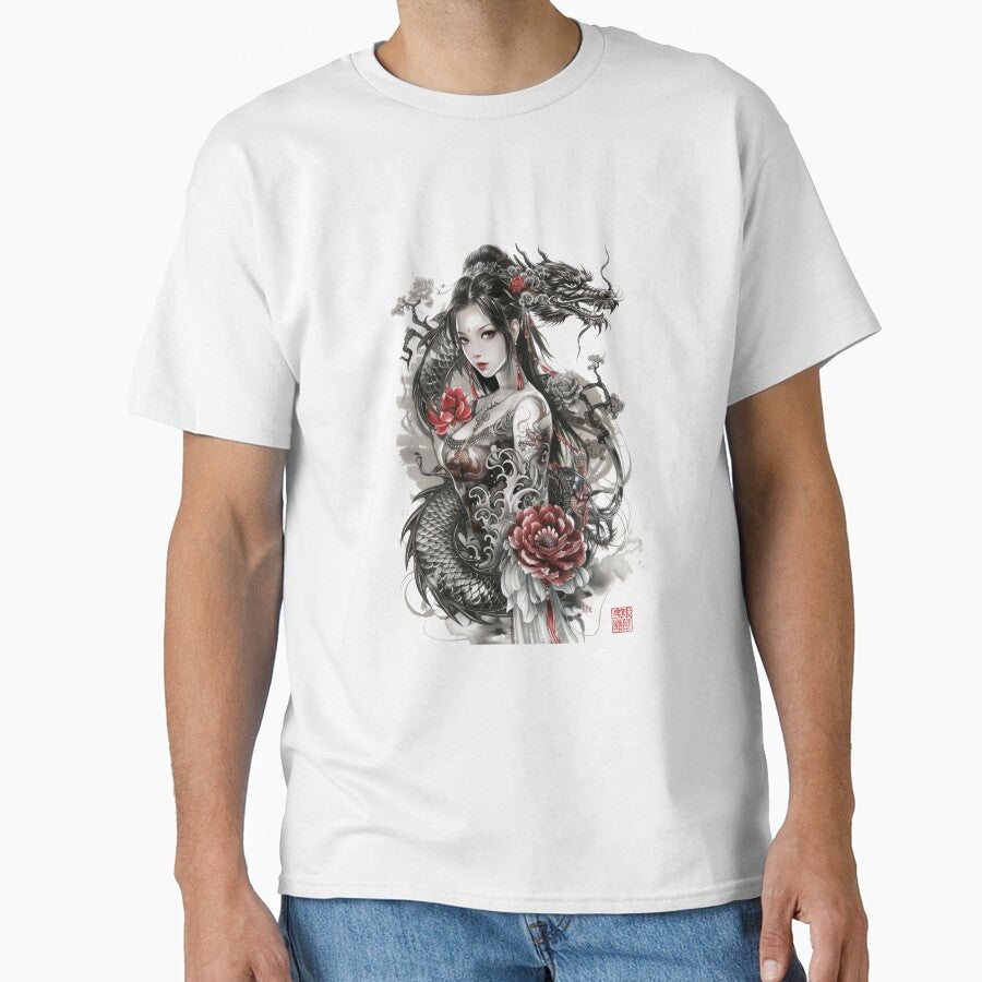 Japanese  Woman And Dragon.Tattoo Style Art. by Lucy Goosy Art T-Shirts, Hoodie, Sweatshirt | BlankRebels.com (Image 1)