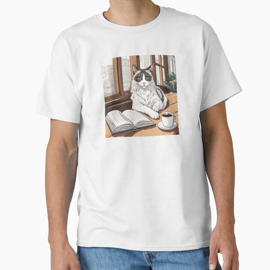 A cat lounging on a table with a cup of coffee and a book by othmanebhl T-Shirts, Hoodie, Sweatshirt (Image 1)