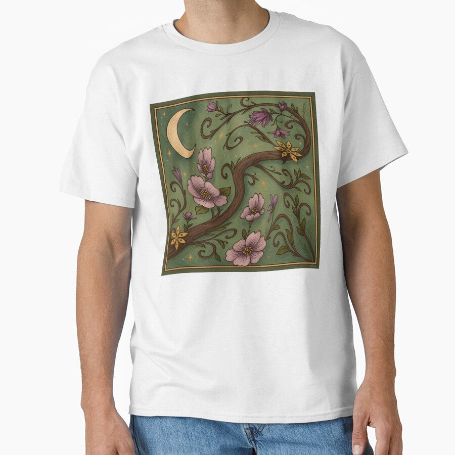 Mystical Moon Garden Botanical Art | Vintage Floral Folk Illustration by LuxuryApparels T-Shirts, Hoodie,... (Image 1)