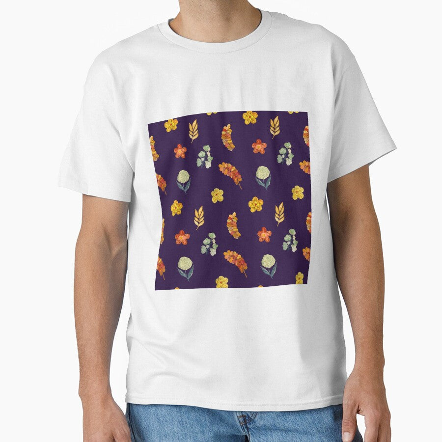Flower red green orange simple seamless pattern violet by Yana Mustafina | Boho Soulful Designs T-Shirts,... (Image 1)