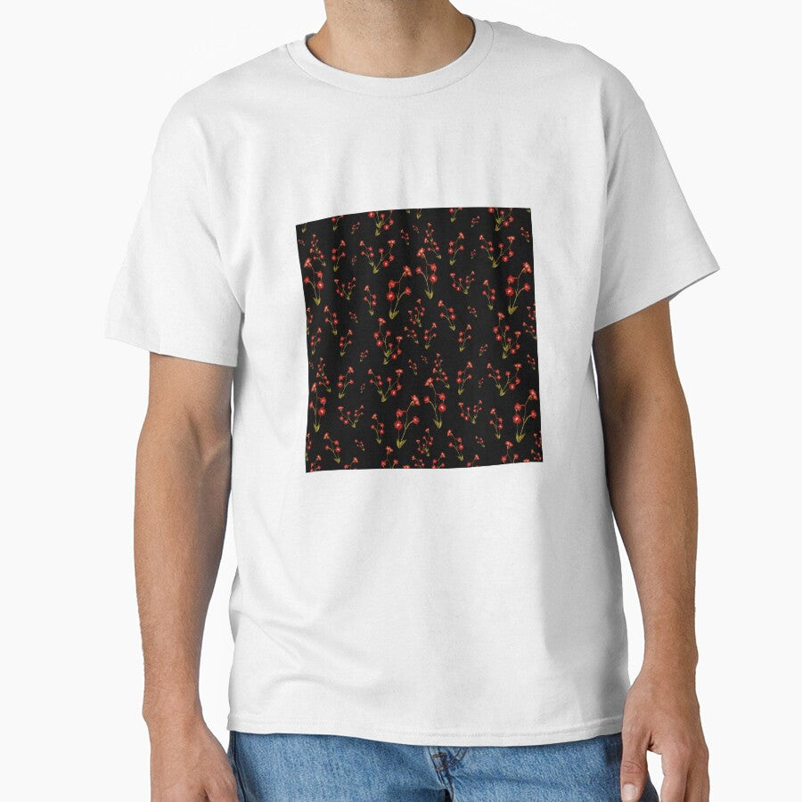 Flower red pattern a cute watercolor illustration black by Yana Mustafina | Boho Soulful Designs T-Shirts,... (Image 1)