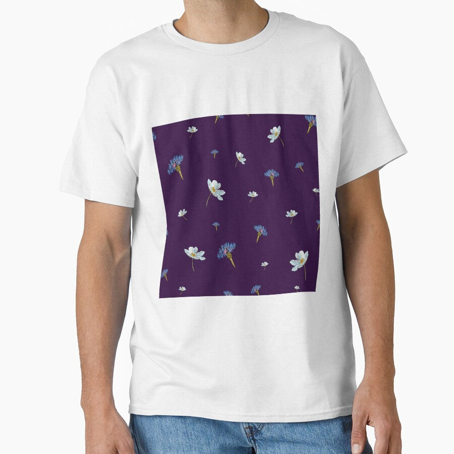 Flower blue daisy pattern seamless a watercolor violet by Yana Mustafina | Boho Soulful Designs T-Shirts,... (Image 1)
