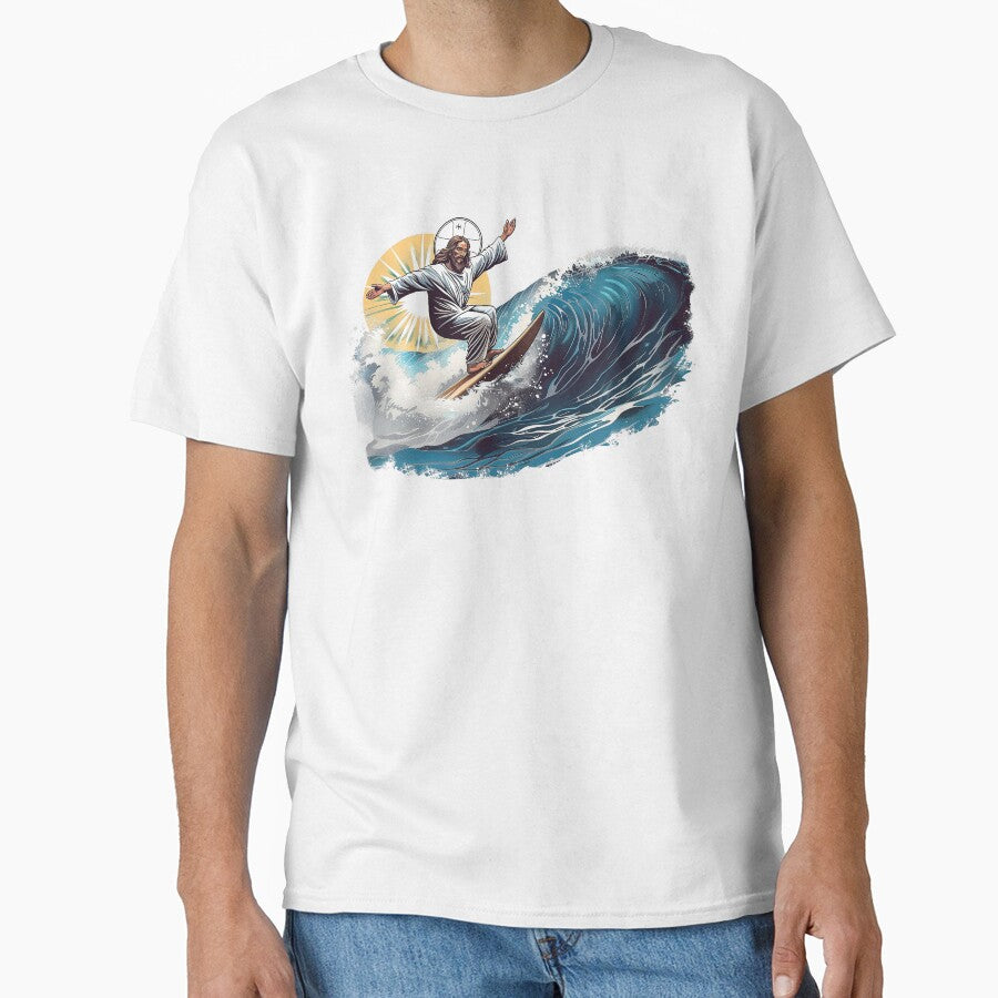 Jesus Surfing Funny Christian Retro Wave Design by KevinorNorris T-Shirts, Hoodie, Sweatshirt | BlankRebels.com (Image 1)